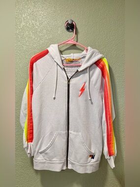 Aviator Nation White Hoodie with Neon Rainbow Sleeve Stripes M